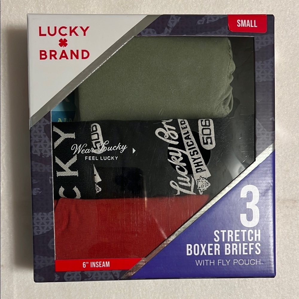 Lucky Brand three stretch boxer briefs with fly pouch. Size small. New in Box